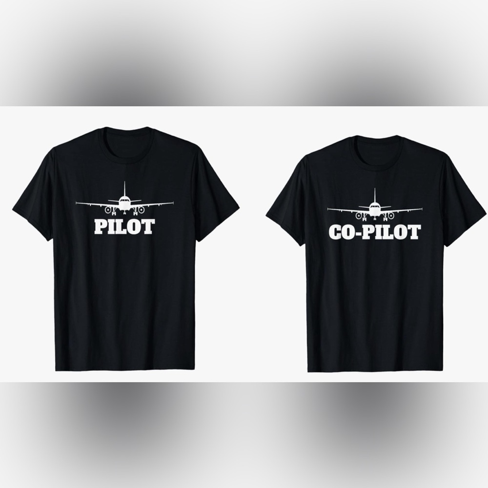 Pilot & Co-Pilot Matching TShirt Set – Men L / Women S Black Airplane Graphic